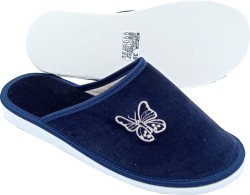 Damskie kapcie aksamitne w kolorze granatowym z haftem motyla – wygodne, polski produkt