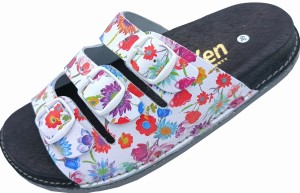 Klapki skórzane damskie Fusbet BioKen z kwiatowym wzorem, profilowane, wygodne