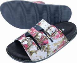 Damskie klapki skórzane z profilowaną wkładką - kwiatowy wzór Fusbet