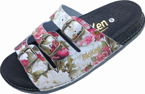 Damskie klapki skórzane z profilowaną wkładką - kwiatowy wzór Fusbet