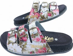 Damskie klapki skórzane z profilowaną wkładką - kwiatowy wzór Fusbet