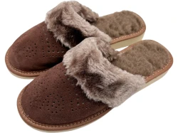 Ciepłe kapcie damskie skórzane zamszowe brązowe z futerkiem