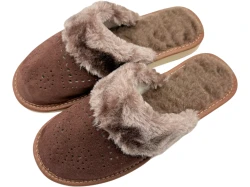 Ciepłe kapcie damskie skórzane zamszowe brązowe z futerkiem
