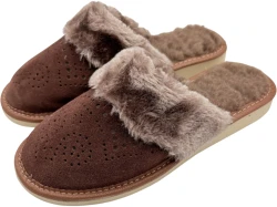 Ciepłe kapcie damskie skórzane zamszowe brązowe z futerkiem