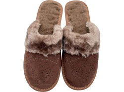 Ciepłe kapcie damskie skórzane zamszowe brązowe z futerkiem