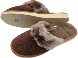 Ciepłe kapcie damskie skórzane zamszowe brązowe z futerkiem