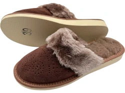 Ciepłe kapcie damskie skórzane zamszowe brązowe z futerkiem