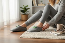 Bambosze damskie filcowe szare kapcie z kwiatowym zdobieniem - Produkt polski