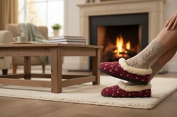 Bambosze Ciepłe damskie z wełną – bordowe w kwiatki