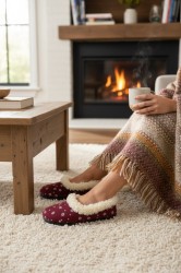 Bambosze Ciepłe damskie z wełną – bordowe w kwiatki