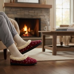 Bambosze Ciepłe damskie z wełną – bordowe w kwiatki