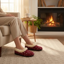 Bambosze Ciepłe damskie z wełną – bordowe w kwiatki