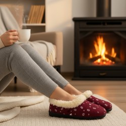 Bambosze Ciepłe damskie z wełną – bordowe w kwiatki