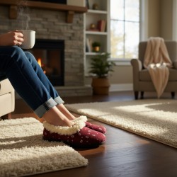 Bambosze Ciepłe damskie z wełną – bordowe w kwiatki