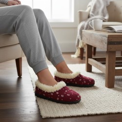 Bambosze Ciepłe damskie z wełną – bordowe w kwiatki