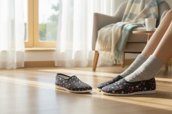 Eleganckie polskie bambosze z motywem kwiatowym – lekkie kapcie z gumową podeszwą