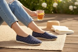 Granatowe kapcie damskie w białe grochy – stylowe bambosze polskiej produkcji
