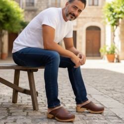 Męskie Drewniaki Skórzane brąz antyczny