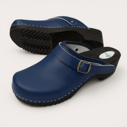 Drewniaki skórzane męskie granatowe – klasyka, komfort