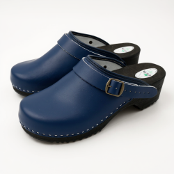 Drewniaki skórzane męskie granatowe – klasyka, komfort