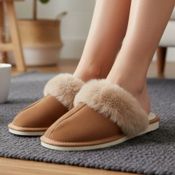 Bardzo ciepłe kapcie damskie zamszowe z futerkiem – polskie pantofle domowe