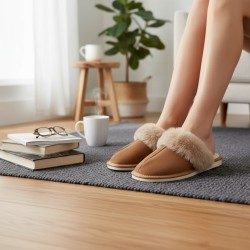 Bardzo ciepłe kapcie damskie zamszowe z futerkiem – polskie pantofle domowe