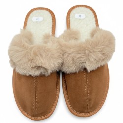 Bardzo ciepłe kapcie damskie zamszowe z futerkiem – polskie pantofle domowe