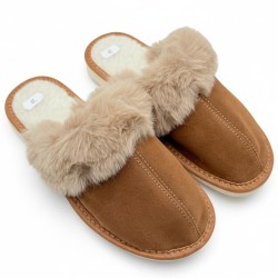 Bardzo ciepłe kapcie damskie zamszowe z futerkiem – polskie pantofle domowe