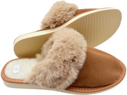 Bardzo ciepłe kapcie damskie zamszowe z futerkiem – polskie pantofle domowe