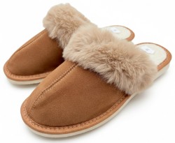 Bardzo ciepłe kapcie damskie zamszowe z futerkiem – polskie pantofle domowe