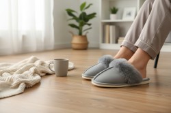 Polskie kapcie damskie ciepłe szare z futerkiem – wygodne pantofle domowe