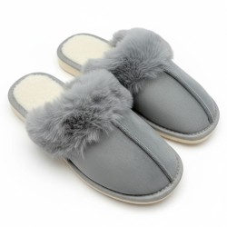 Polskie kapcie damskie ciepłe szare z futerkiem – wygodne pantofle domowe