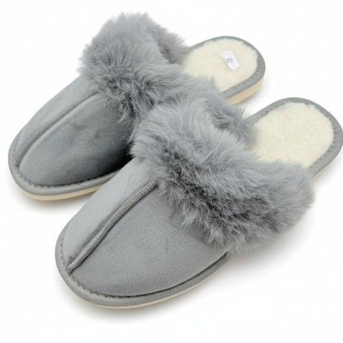 Polskie kapcie damskie ciepłe szare z futerkiem – wygodne pantofle domowe