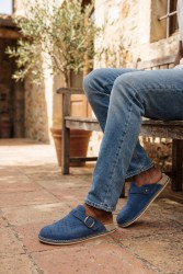 Klapki skórzane męskie BioKen z profilowaną wkładką Fusbet granatowe