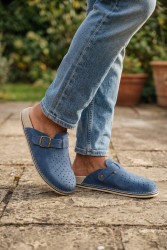 Klapki skórzane męskie BioKen z profilowaną wkładką Fusbet granatowe